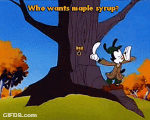 A Cartoon Character Is Standing Next To A Tree With The Words Who Wants Maple Syrup GIF