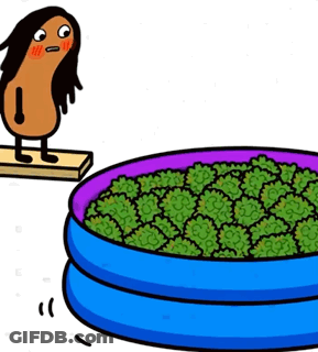 A Cartoon Character Is Standing Next To An Inflatable Pool Filled With Greenery GIF