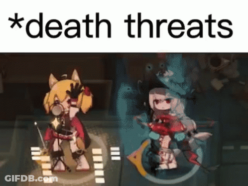 A Cartoon Character Is Standing Next To Another Character In A Video Game With The Words `` Death Threats '' . GIF