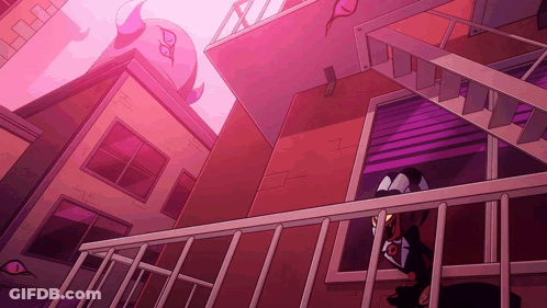 Cartoon Horned Character On Balcony In Front Of Building GIF