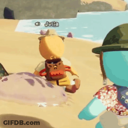 A Cartoon Character Is Standing On A Beach With Julia In The Background GIF
