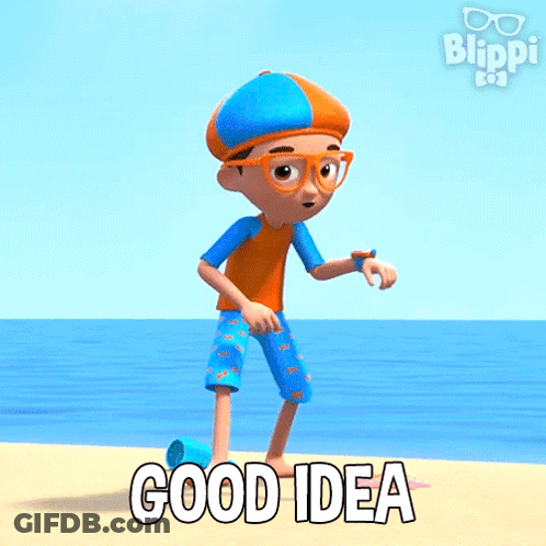 A Cartoon Character Is Standing On A Beach With The Words Good Idea Below Him GIF