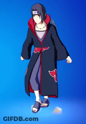 A Cartoon Character Is Standing On A Blue Background Wearing A Black Robe With Red Clouds On It GIF