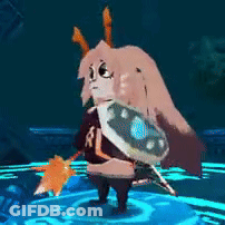 A Cartoon Character Is Standing On A Blue Surface Holding A Shield And A Sword . GIF