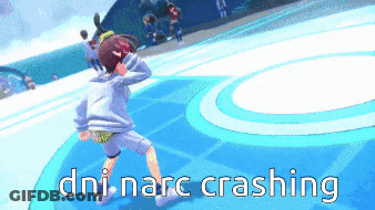 A Cartoon Character Is Standing On A Blue Surface With The Words Dni-Narc Crashing Above Him GIF