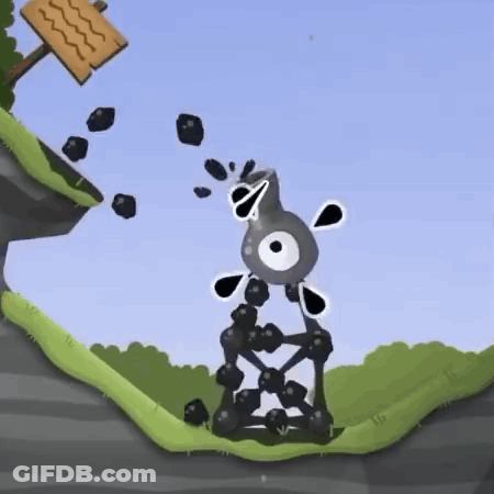 A Cartoon Character Is Standing On A Bridge Made Of Rocks And A Sign . GIF
