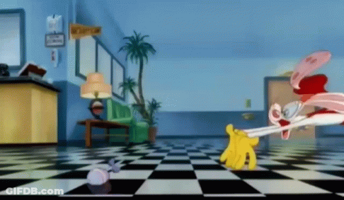 A Cartoon Character Is Standing On A Checkered Floor In An Office . GIF