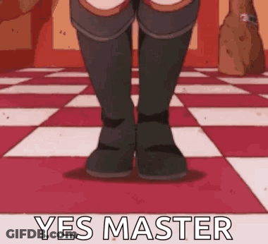 A Cartoon Character Is Standing On A Checkered Floor With The Words `` Yes Master '' Written On It . GIF