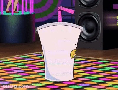 A Cartoon Character Is Standing On A Colorful Dance Floor With A Drink In It . GIF
