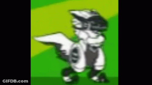 A Cartoon Character Is Standing On A Green Background And Holding A Gun . GIF