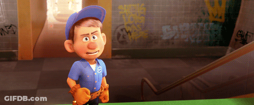 A Cartoon Character Is Standing On A Green Staircase With Graffiti On The Walls Behind Him GIF