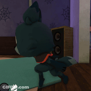A Cartoon Character Is Standing On A Mat In Front Of A Speaker GIF