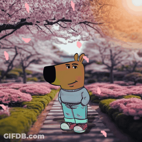 A Cartoon Character Is Standing On A Path In Front Of Flowers GIF