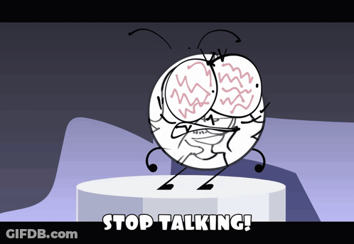 A Cartoon Character Is Standing On A Pedestal With The Words " Stop Talking " Below It GIF