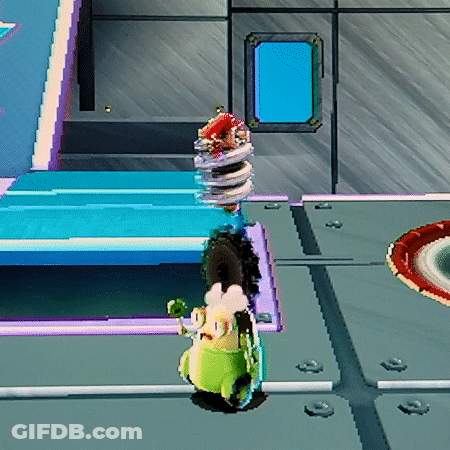 A Cartoon Character Is Standing On A Platform With A Blue Door In The Background GIF