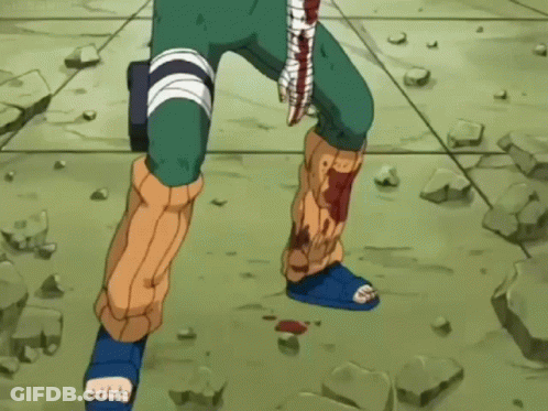 A Cartoon Character Is Standing On A Rocky Floor With Blood On His Leg . GIF