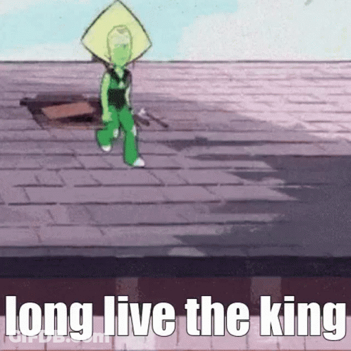 A Cartoon Character Is Standing On A Roof With The Words `` Long Live The King '' Written Below Him . GIF