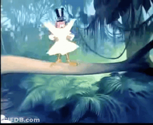 A Cartoon Character Is Standing On A Tree Branch In The Woods GIF