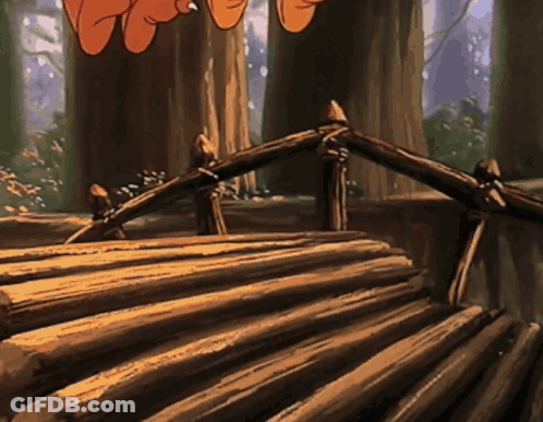 A Cartoon Character Is Standing On A Wooden Bridge GIF
