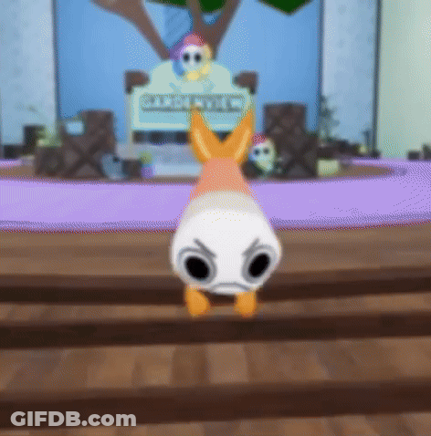 A Cartoon Character Is Standing On A Wooden Floor In A Room With A Purple Rug . GIF