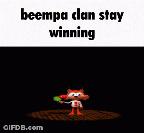 A Cartoon Character Is Standing On A Wooden Floor With The Words Beempa Clan Stay Winning Written On The Bottom GIF