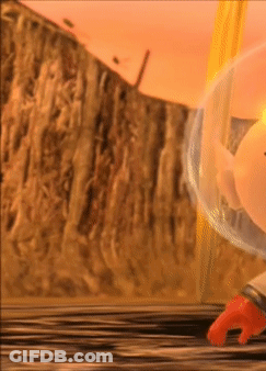 A Cartoon Character Is Standing On A Wooden Table With A Bubble Around His Head GIF