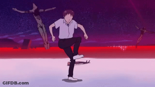 A Cartoon Character Is Standing On One Leg In Front Of A Statue Of Jesus . GIF
