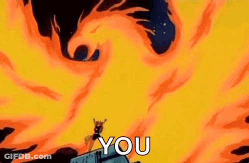 A Cartoon Character Is Standing On Top Of A Building In Front Of A Fireball . GIF