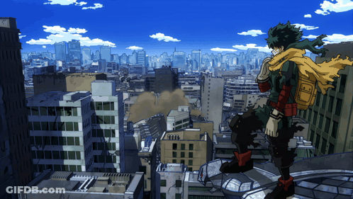 A Cartoon Character Is Standing On Top Of A Building Looking Out Over A City GIF