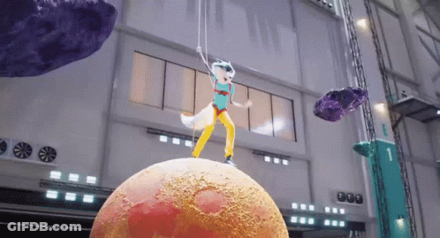 A Cartoon Character Is Standing On Top Of A Large Orange Sphere GIF
