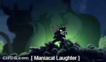 A Cartoon Character Is Standing On Top Of A Pile Of Rocks With The Words " Maniacal Laughter " Written On The Bottom GIF
