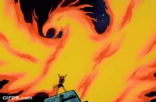 A Cartoon Character Is Standing On Top Of A Tank In Front Of A Huge Fire . GIF