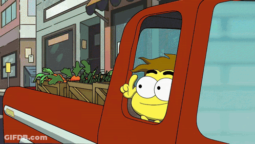 Cartoon Character Sticking Head Out Of Red Truck GIF