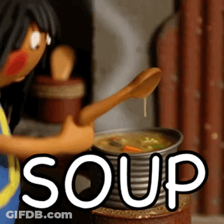 A Cartoon Character Is Stirring A Pot Of Soup With A Spoon . GIF