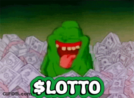 A Cartoon Character Is Surrounded By A Pile Of Money And The Word Lotto Is Above Him GIF