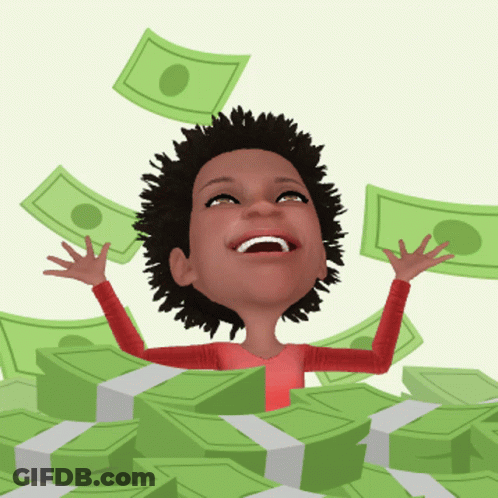 A Cartoon Character Is Surrounded By A Pile Of Money With One Dollar Bills Flying In The Air GIF