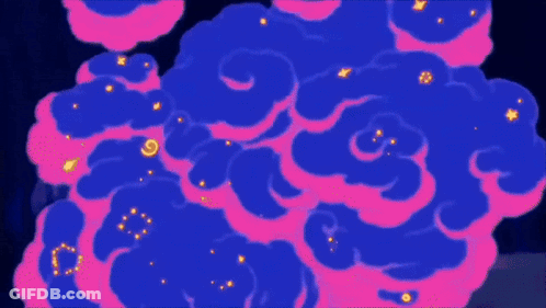 A Cartoon Character Is Surrounded By Blue And Purple Clouds And Glowing Lights . GIF