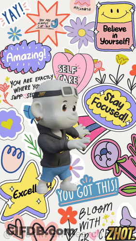 A Cartoon Character Is Surrounded By Colorful Stickers Including One That Says " You Got This " GIF