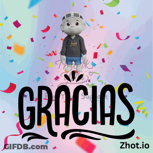A Cartoon Character Is Surrounded By Confetti And The Word Gracias Is On The Bottom GIF