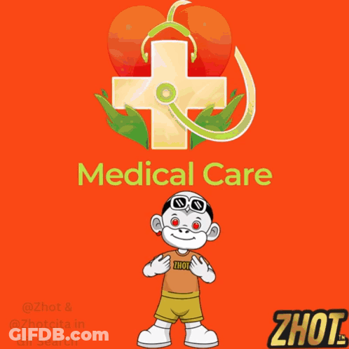 A Cartoon Character Is Surrounded By Hearts And A Medical Care Logo GIF
