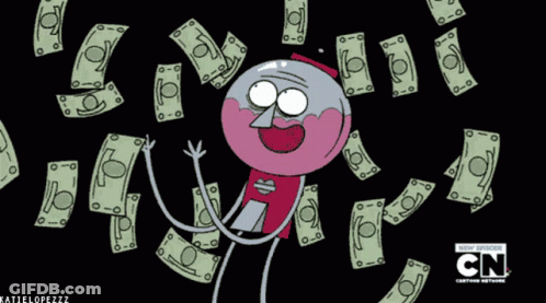 A Cartoon Character Is Surrounded By Money And Says Cn On The Bottom GIF