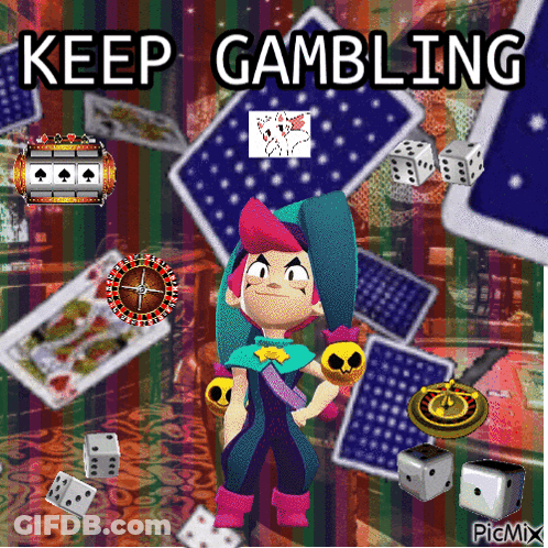 A Cartoon Character Is Surrounded By Playing Cards Dice And A Roulette Wheel With The Words Keep Gambling Above Him GIF