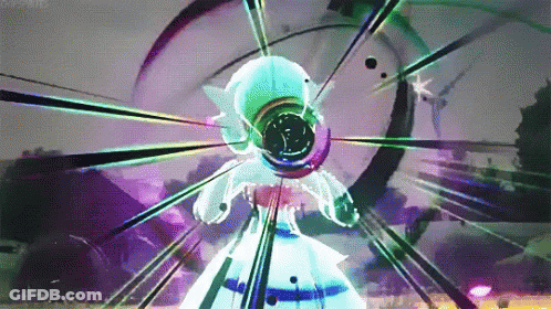 A Cartoon Character Is Surrounded By Purple And Green Rays GIF