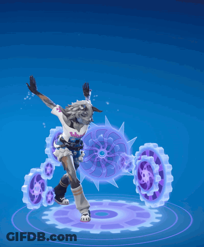 A Cartoon Character Is Surrounded By Purple Gears And A Blue Background GIF