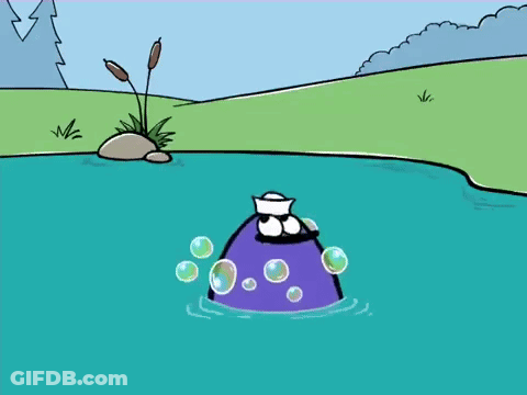A Cartoon Character Is Swimming In A Pond With Soap Bubbles GIF
