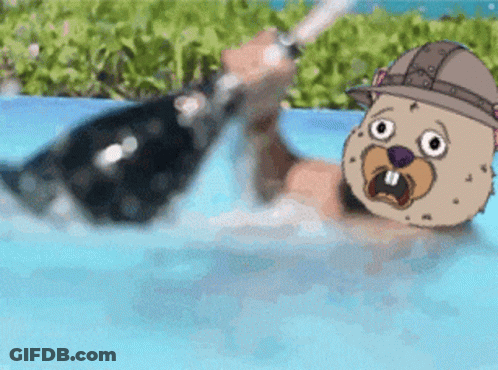 A Cartoon Character Is Swimming In A Pool And Holding A Bottle Of Champagne GIF