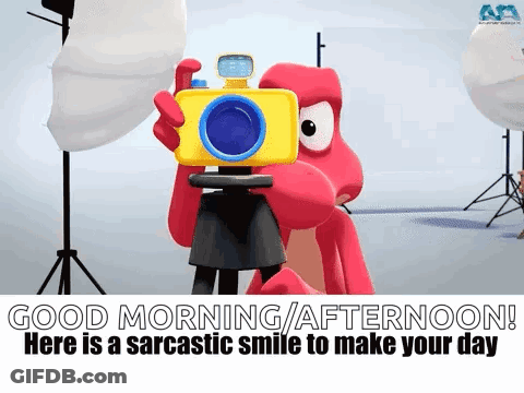 A Cartoon Character Is Taking A Picture With A Camera In A Studio . GIF