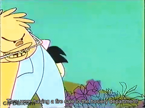 A Cartoon Character Is Talking About Having A Fire Sale In The Hosiery Department GIF