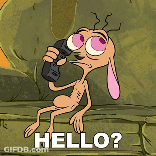 A Cartoon Character Is Talking On A Phone With The Words Hello Behind Him GIF