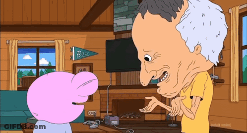 A Cartoon Character Is Talking To Another Character In A Living Room With A Banner That Says Bass GIF